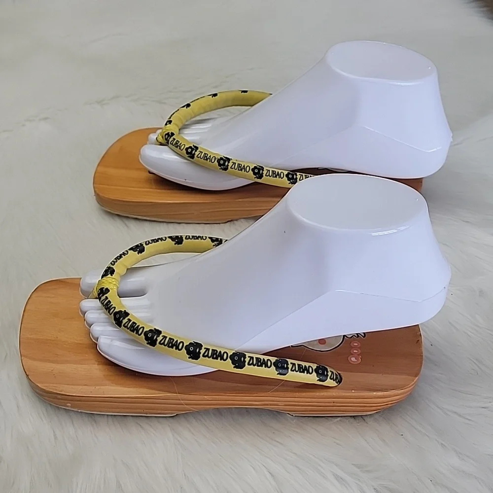 ZUBAO Geisha Japanese Style Wood Open Toe Slip On Yellow Thong Flip Flop Sandals